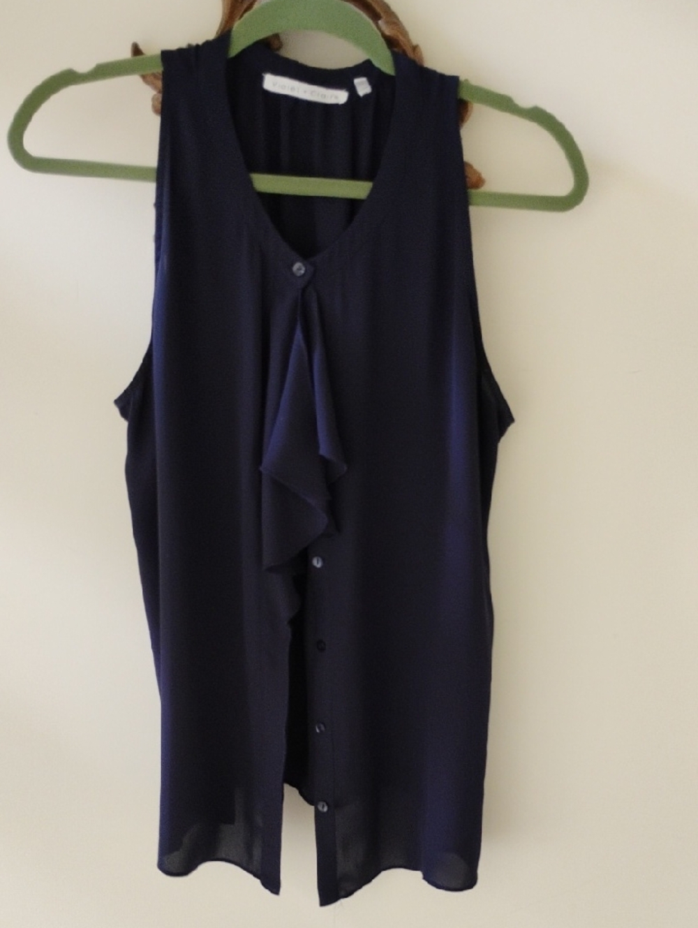 Violet & Claire Dark Navy Sleeveless Ruffle-Front Button Blouse